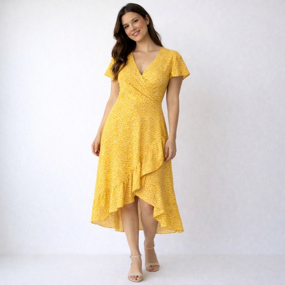 SHEIN Yellow Floral Ruffle Wrap‎ Midi Dress Small Cottagecore